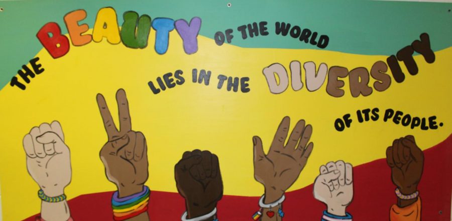 Diversity mural located in the white hallway