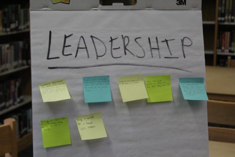 Students write what leadership means to them on a sticky note.
