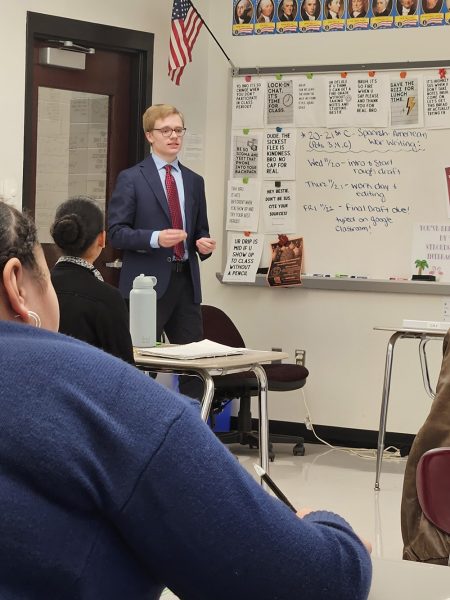 Senior Owen Carso delivers the closing argument during one of their morning sessions.