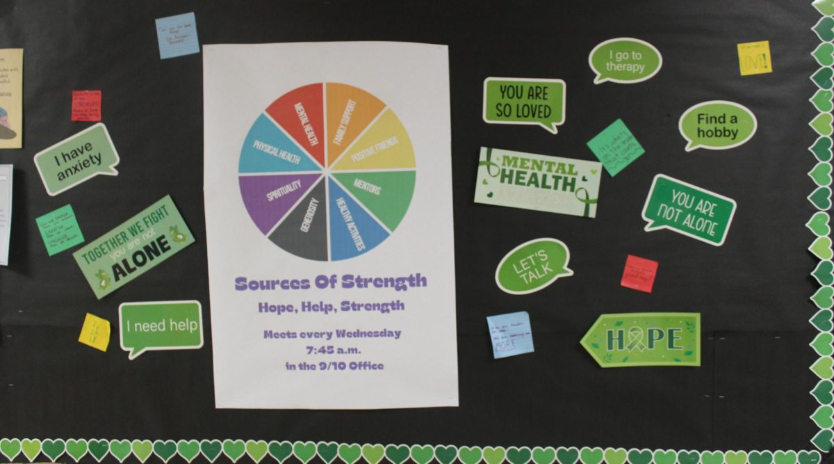 The Sources of Strength program’s decorated bulletin board, promoting mental health and their organization.